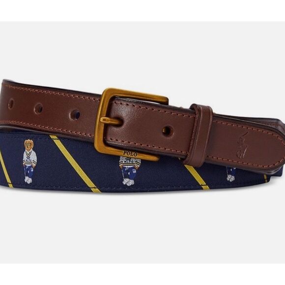 POLO RAPLH LAUREN Bear Logo Leather Trim Men’s Belt Sz 42 Newport Navy Blue NWT - Picture 3 of 7